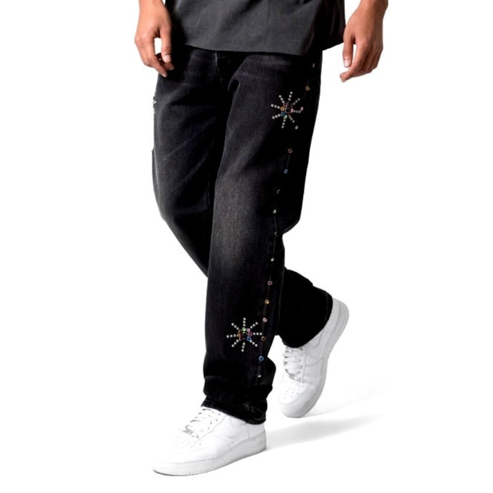 MNML Men's Washed Black V376 Studded Baggy Denim Jeans Size 32